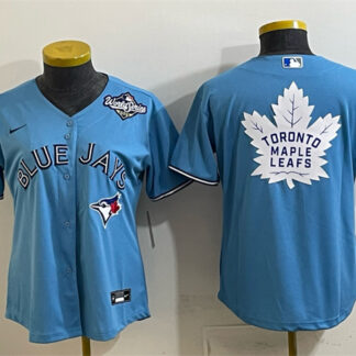 Women's Toronto Blue Jays & Leafs Blue 2025 World Series With White Leafs Logo Cool Base Stitched Baseball Jersey(R...