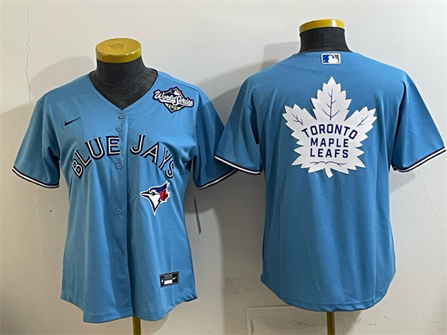 Women's Toronto Blue Jays & Leafs Blue 2025 World Series With White Leafs Logo Cool Base Stitched Baseball Jersey(R...