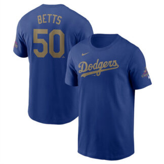 Men's Los Angeles Dodgers #50 Mookie Betts Royal 2025 Gold Collection Name & Number T-Shirt