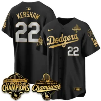 Men's Los Angeles Dodgers #22 Clayton Kershaw Black 2025 World Series Champions Jersey
