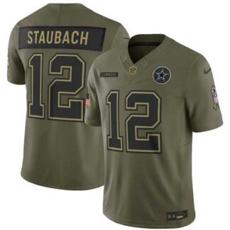 Men's Dallas Cowboys #12 Roger Staubach Olive 2025 Salute to Service Limited Stitched Jersey Dyin