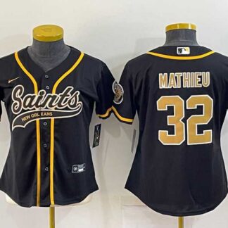 Women's New Orleans Saints #32 Tyrann Mathieu Black With Patch Cool Base Stitched Baseball Jersey