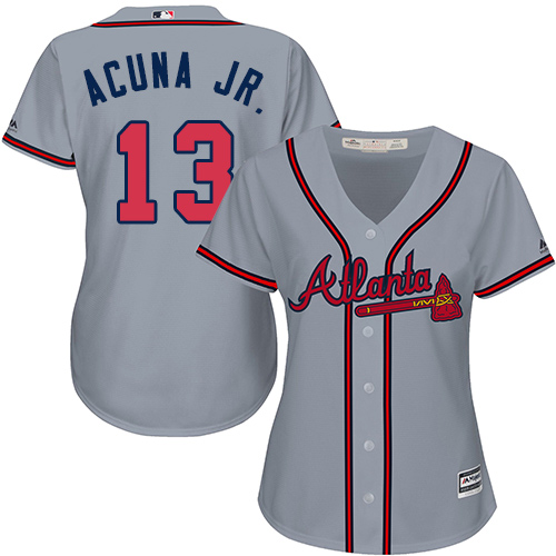 Atlanta Braves #13 Ronald Acuna Jr. Grey Road Women’s Stitched MLB Jersey