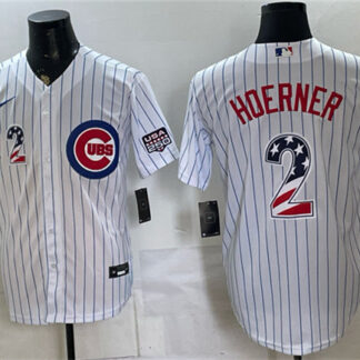 Men's Chicago Cubs #2 Nico Hoerner White 2026 USA 250 Fourth of July Home Stadium Stitched Baseball Jersey