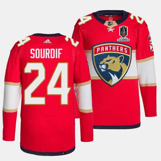 Men's Florida Panthers #24 Justin Sourdif Red Home 2024 Stanley Cup Champions Stitched Jersey Dzhi