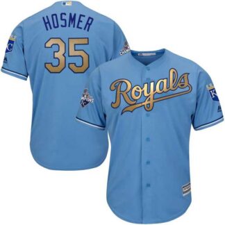 Glued Youth Kansas City Royals #35 Eric Hosmer Light Blue FlexBase 2015 World Series Champions Gold Program Basebal...
