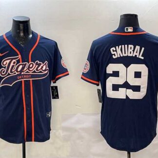 Men's Detroit Tigers #29 Tarik Skubal Navy With Patch Cool Base Stitched Jersey
