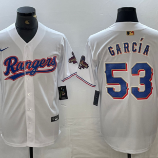 Men's Texas Rangers #53 Adolis Garcia White 2023 World Series Champions Cool Base Jersey