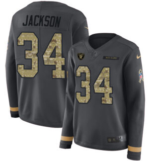 Nike Las Vegas Raiders #34 Bo Jackson Anthracite Salute to Service Women’s Stitched NFL Limited Therma Long Sleeve...