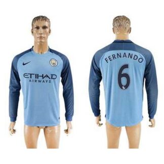 Manchester City #6 Fernando Home Long Sleeves Soccer Club Jersey