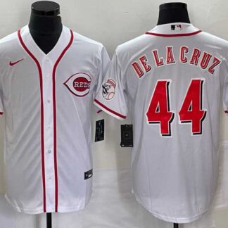 Men's Cincinnati Reds #44 Elly De La Cruz White With Patch Cool Base Stitched Baseball Jersey