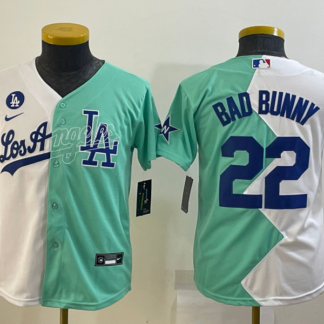Youth Los Angeles Dodgers #22 Bad Bunny White Green Two Tone 2022 Celebrity Softball Game Cool Base Jersey