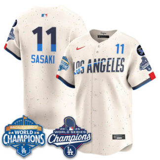 Men's Los Angeles Dodgers #11 Roki Sasaki Cream 2025 World Series Champions Jersey