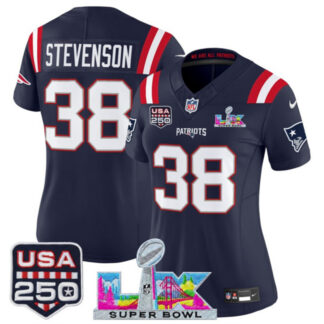 Women's New England Patriots #38 Rhamondre Stevenson Navy 2025 F.U.S.E. Super Bowl LX Patch And USA 250' Patch Vapo...