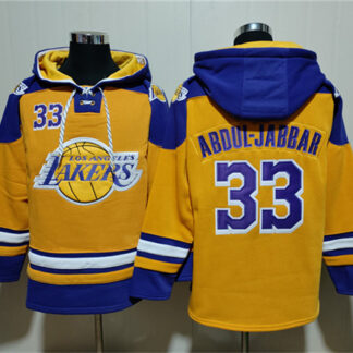 Men's Los Angeles Lakers #33 Kareem Abdul-Jabbar Yellow Lace-Up Pullover Hoodie