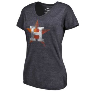 Women's Houston Astros Fanatics Branded Primary Distressed Team Tri Blend V Neck T-Shirt Heathered Navy FengYun