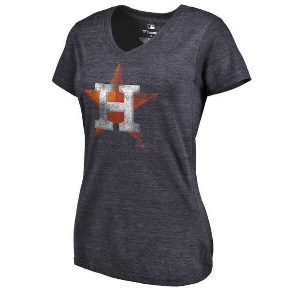 Women's Houston Astros Fanatics Branded Primary Distressed Team Tri Blend V Neck T-Shirt Heathered Navy FengYun