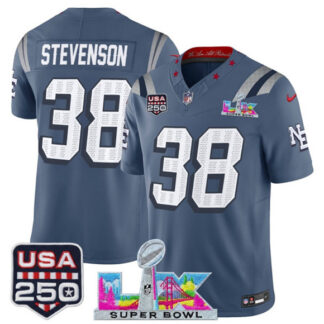 Men's New England Patriots #38 Rhamondre Stevenson Storm Blue 2025 F.U.S.E. Super Bowl LX & USA 250' Patch âRival...